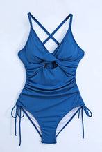 Blue Ribbed One-Piece Swimsuit with Crisscross and Cutout Chest