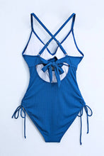 Blue Ribbed One-Piece Swimsuit with Crisscross and Cutout Chest