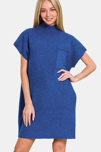 Blue Ribbed Short Sleeve Sweater Mini Dress with Pocket Navy