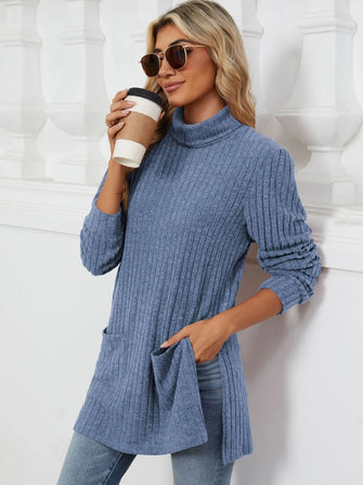 Blue Ribbed Turtleneck Tunic with Pockets for Women Dusty Blue