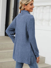 Blue Ribbed Turtleneck Tunic with Pockets for Women