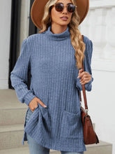 Blue Ribbed Turtleneck Tunic with Pockets for Women