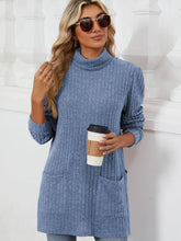 Blue Ribbed Turtleneck Tunic with Pockets for Women