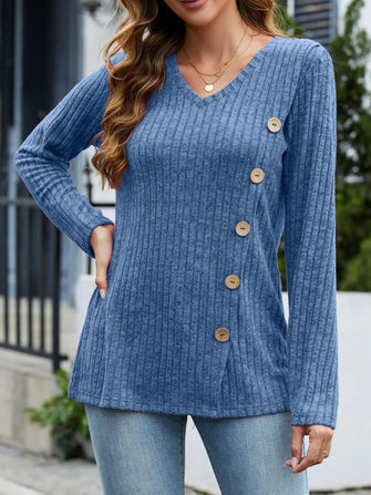 Blue Ribbed V-Neck Sweater with Decorative Side Buttons Blue