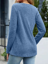 Blue Ribbed V-Neck Sweater with Decorative Side Buttons Woman T Shirts