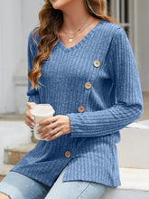 Blue Ribbed V-Neck Sweater with Decorative Side Buttons