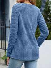 Blue Ribbed V-Neck Sweater with Decorative Side Buttons