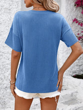 Blue Ribbed V-Neck T-Shirt with Dropped Shoulder and Pocket for Women