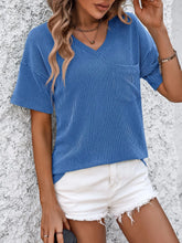 Blue Ribbed V-Neck T-Shirt with Dropped Shoulder and Pocket for Women Blue