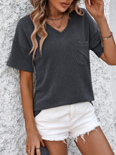Blue Ribbed V-Neck T-Shirt with Dropped Shoulder and Pocket for Women Charcoal