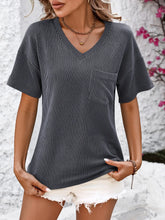 Blue Ribbed V-Neck T-Shirt with Dropped Shoulder and Pocket for Women
