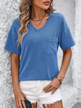 Blue Ribbed V-Neck T-Shirt with Dropped Shoulder and Pocket for Women