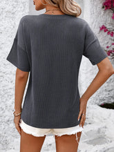Blue Ribbed V-Neck T-Shirt with Dropped Shoulder and Pocket for Women