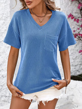 Blue Ribbed V-Neck T-Shirt with Dropped Shoulder and Pocket for Women