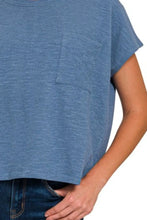 Blue Round Neck Short Sleeve Pocket Tee for Women