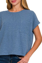 Blue Round Neck Short Sleeve Pocket Tee for Women