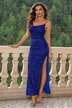 Blue Sequin Spaghetti Strap Evening Dress with Slit Cobalt Blue