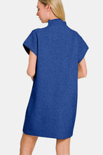 Blue Ribbed Short Sleeve Sweater Mini Dress with Pocket