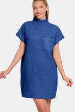 Blue Ribbed Short Sleeve Sweater Mini Dress with Pocket
