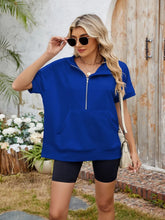 Blue Short Sleeve Zip Up Sweatshirt with Pockets for Women