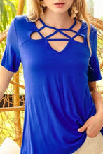 Blue Silky Knit Top with Geometric Neckline and Front Details