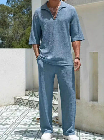 Blue Textured Knit Two-Piece Set for Men Basic Style Dusty Blue Mens Sets