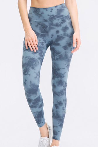 Blue Tie Dye Slim Fit Athletic Leggings for Women Dusty Blue