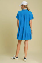Blue Tiered Mini Dress with Raw Hem Folded Sleeves