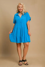 Blue Tiered Mini Dress with Raw Hem Folded Sleeves