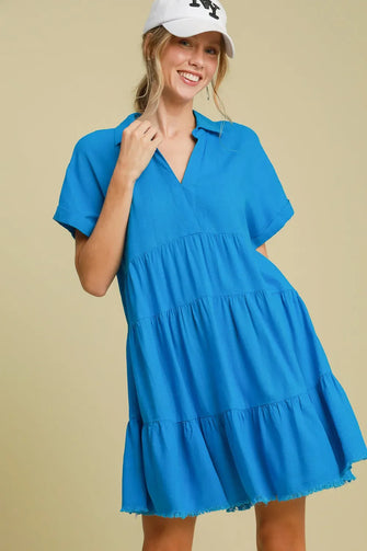 Blue Tiered Mini Dress with Raw Hem Folded Sleeves Blue