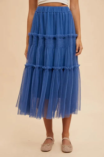 Blue Tulle Tiered Midi Skirt for Women ROYAL