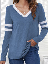 Blue V-Neck Long-Sleeved Shirt with White Stripes for Women