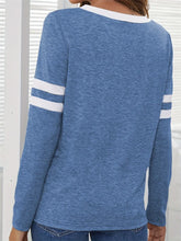 Blue V-Neck Long-Sleeved Shirt with White Stripes for Women