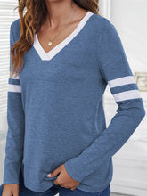Blue V-Neck Long-Sleeved Shirt with White Stripes for Women
