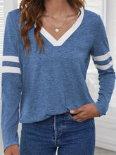 Blue V-Neck Long-Sleeved Shirt with White Stripes for Women
