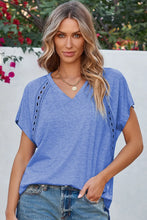 Blue V Neck Top with Eyelet Detail and Shoulder Cutouts