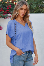 Blue V Neck Top with Eyelet Detail and Shoulder Cutouts