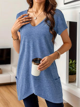 Blue V Neck Tunic Top with Asymmetric Hem and Pockets for Women Blue