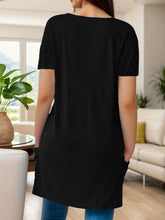 Blue V Neck Tunic Top with Asymmetric Hem and Pockets for Women