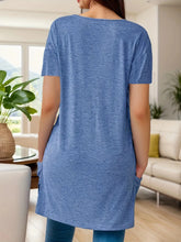Blue V Neck Tunic Top with Asymmetric Hem and Pockets for Women