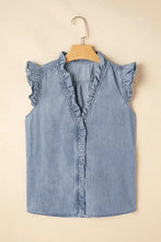 Light wash denim ruffled sleeveless top with button-down front