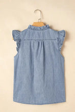 Blue Velvet Ruffled Top and Denim Jumpsuit with White Crossbody Bag