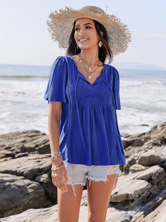 Blue Viscose Blouse with Lace and Ruched Detail for Women Royal Blue