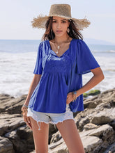 Blue Viscose Blouse with Lace and Ruched Detail for Women