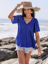 Blue Viscose Blouse with Lace and Ruched Detail for Women
