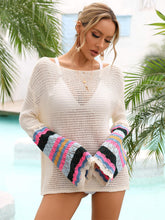 Boat Neck Open-Knit Cover-Up with Colorful Extra-Long Sleeves
