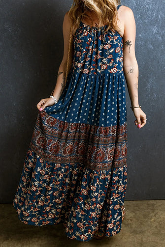 Bohemian Floral Print Maxi Dress in Viscose Dark Navy