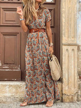 Bohemian Paisley Belted Maxi Dress with Pockets Brown
