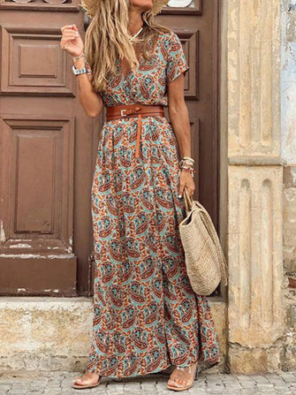 Bohemian Paisley Belted Maxi Dress with Pockets Brown
