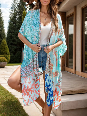 Bohemian Patchwork Kimono Beach Cover-Up for Women Light Blue One Size